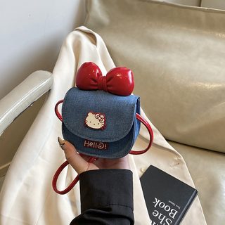 여아 크로스백 유아 고양이 리본 데님 미니 숄더백 어린이집 가방