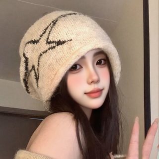 여성 별 니트 비니 가을 겨울 울 혼방 방풍 보온 귀덮개 루즈핏 큰머리 모자
