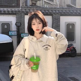 미국식 빈티지 POLO 카라 맨투맨 여성용 봄가을 루즈핏 얇은 긴팔 통근 캐주얼 상의