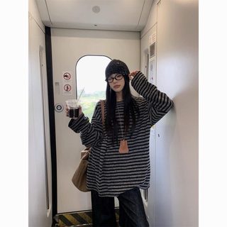 여성 블랙 그레이 스트라이프 긴팔 티셔츠 라운드넥 데일리 레이어드 상의