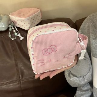 핑크 리본 KT 고양이 데님 필통 손잡이 화장품 폴라로이드 수납 파우치