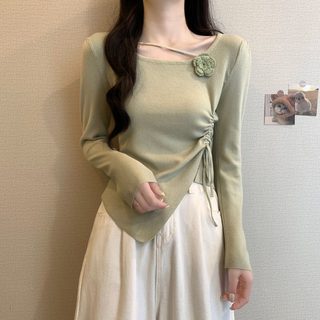 여성 긴팔 니트티셔츠 셔링 허리조임 비대칭 3D 장미 입체 라운드넥 슬림핏