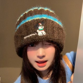 귀여운 스트라이프 선글라스 강아지 자수 니트 비니 남녀공용 가을 겨울 방한 빅사이즈 모자