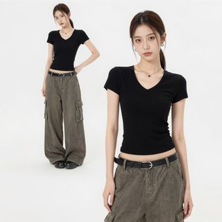 여성 브이넥 티셔츠 슬림핏 무지 반팔 긴팔 데일리 이너 상의