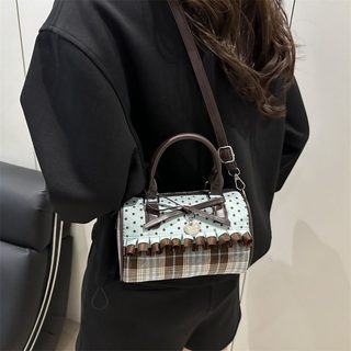 여성 리본 레이스 도트 미니 보스턴백 라이트 블루 숄더 토트 겨드랑이 가