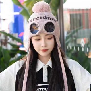 남녀공용 아크릴 니트 고글 군밤모 털 귀달이 방한 비행사 모자 M 56-58cm