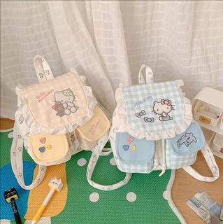 마카롱 컬러배색 곰돌이 플랩 백팩 레이스 체크무늬 여학생 데일리 통학용 가방