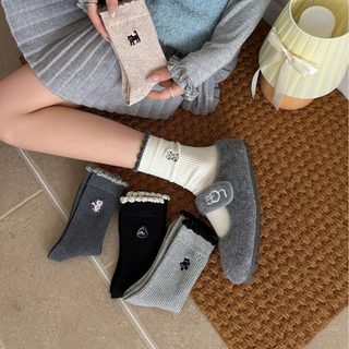 여성 자수 레이스 중목 양말 면 캐릭터 사계절 데일리 루즈삭스