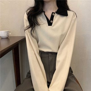 가을 신상 여성 긴팔 POLO 카라 티셔츠 루즈핏 베이직 데일리 상의