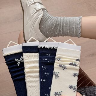 여성 도트 레이스 리본 중목 양말 사계절 패션 양말