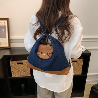 카툰 KT 고양이 백팩 여성 대용량 데님 배색 학생용 숄더백 토트 겸용