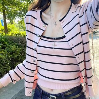 여성 핑크 스트라이프 니트 가디건 나시 투피스 세트 가을 긴팔 크롭 출근룩