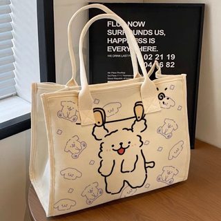 캐릭터 강아지 캔버스 숄더백 여성 학생용 대용량 지퍼 토트백 데일리 가방