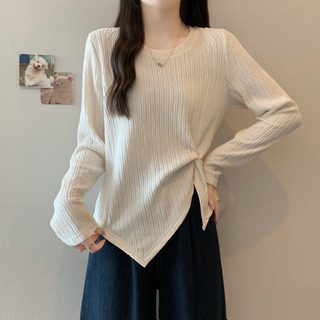 여성 빅사이즈 긴팔 티셔츠 불규칙 텍스처 트임 루즈핏 체형커버 봄가을 상의