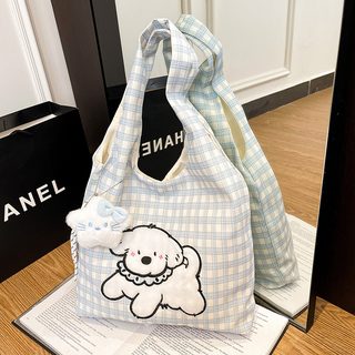 귀여운 강아지 자수 캔버스 토트백 여성용 대용량 가벼운 데일리 숄더백