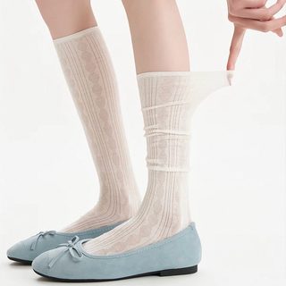 여성 여름 얇은 장목 양말 물결 마름모 패턴 데일리 하프삭스