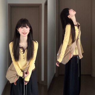 여성 배색 페이크 레이어드 기모 긴팔 티셔츠 슬림핏 브이넥 버튼 봄가을 이너