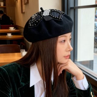 여성 울 베레모 진주 고양이 장식 가을 겨울 방한 니트 화가모자