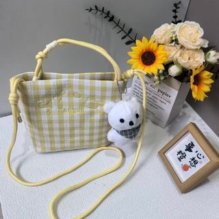 체크 셔링 패브릭 하트 구름 자수 여성 토트 크로스백 데일리 통근 가방