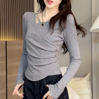 여성 빅사이즈 긴팔 티셔츠 라운드넥 셔링 허리라인 봄가을 데일리 출근룩 상의 S-4XL