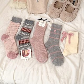 여성 중목 양말 핑크 리본 하트 체크 무늬 가을 겨울 데일리 패션 양말