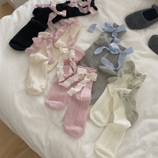 여성 리본 중목 양말 코튼 뒷리본 로리타 스타일 루즈 삭스