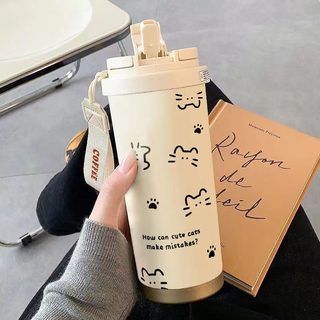 고양이 라인 드로잉 500ml 보온 텀블러 빨대 휴대용 차량용 학생 물병