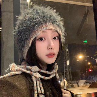 여성 겨울 니트 귀달이 모자 레인보우 태슬 에스닉 방풍 보온 아크릴 비니