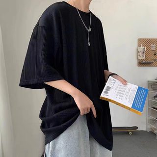 남성 아이스실크 골지 5부소매 티셔츠 와이드숄더 민소매 여름 라운드넥 이너웨어