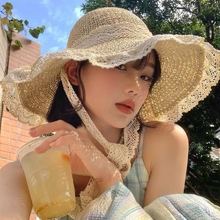 여성 여름 밀짚모자 스트랩 레이스 차양모 해변 여행 자외선 차단 큰챙 썬햇