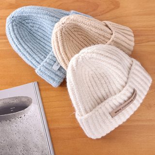 여성 울 혼방 니트 비니 겨울 방풍 보온 귀덮개 롤업 패치 털모자