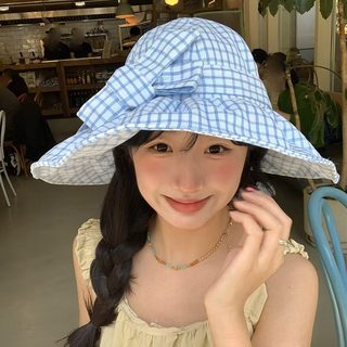 여성 리본 체크 버킷햇 얼굴소형 효과 햇빛차단 여름 여행용 벙거지 모자