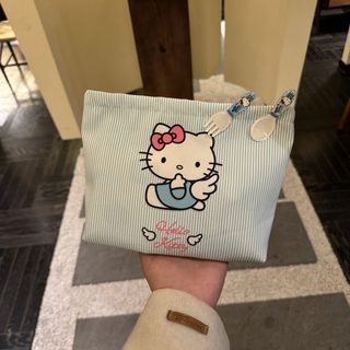 귀여운 고양이 블루 스트라이프 화장품 파우치 25×18cm 옥스포드 휴대용 손가방 수납백