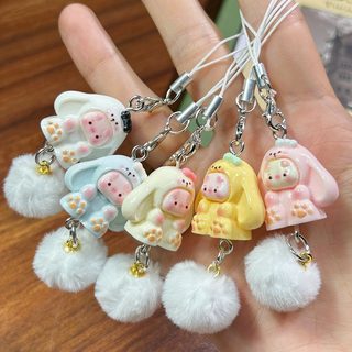 귀여운 입체 롭이어 토끼 폼폼 휴대폰 스트랩 가방 키링 장식 펜던트