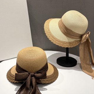 여름 방수챙 밀짚모자 리본 포인트 자외선 차단 넓은챙 해변 휴양지 바캉스 모자