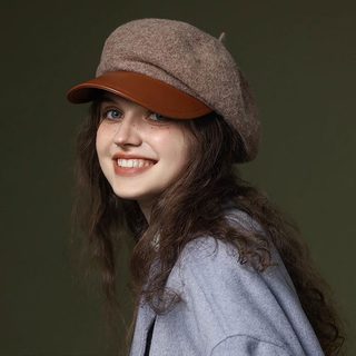 여성 울 혼방 가죽 챙 베레모 겨울 보온 프렌치 빈티지 화가 모자 프리사이즈