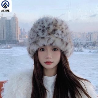 여성 레오파드 인조퍼 버킷햇 겨울 방한 귀덮개 털모자 56-58cm