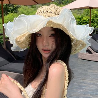 여성 레이스 밀짚 썬햇 대챙 자외선차단 통풍 여름 해변 모자