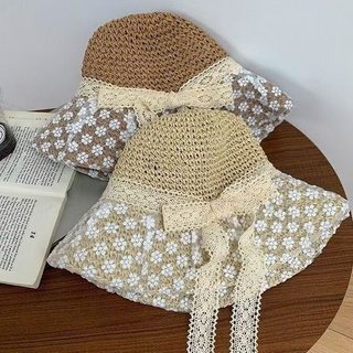 여성용 프렌치 레이스 뜨개질 밀짚모자 여름 자외선 차단 큰챙 버킷햇 해변 휴가용