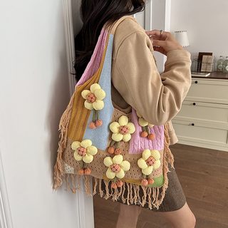 여성 여름 밀짚 짜임 토트백 대용량 배색 숄더백 데일리 손가방