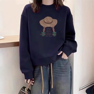키작녀 여성 네이비 라운드넥 맨투맨 긴팔 레터링 프린트 기모·얇은형 데일리 상의