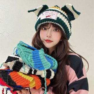 여성 겨울 배색 고양이귀 니트모자 두꺼운 방한 보온 귀덮개 비니