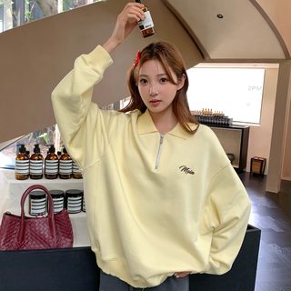 가을 신상 여성 폴로넥 집업 맨투맨 루즈핏 중장형 자수 레터링 통근 캐주얼 상의