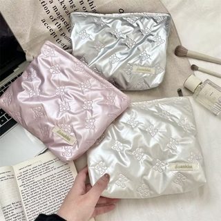 퀼팅 PU 화장품 파우치 24x5x18cm 하트 리본 클러치 다용도 수납백