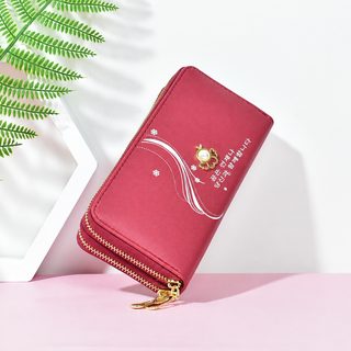 여성 더블 지퍼 장지갑 대용량 클러치 손목끈 진주 장식 학생용 데일리 지
