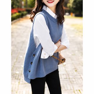 조끼 니트 여자 한국판 2021 봄가을 신상 루즈한 커버 라운드 민소매 겉옷 스