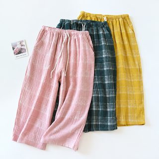 체크 남성 여성 잠옷 바지 여름 얇은 면 커플 7부 바지 겉옷 홈 반바지 겉옷