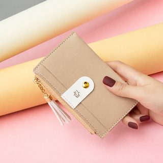여성용 태슬 카드지갑 PU 가죽 멀티카드 수납 배색 미니 동전지갑 슬림 지갑