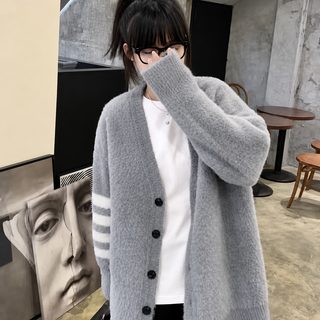 2022 신상 블랙 밍크 스웨터 카디건 중장형 여자 가을 겨울 나른한 바람 넉넉