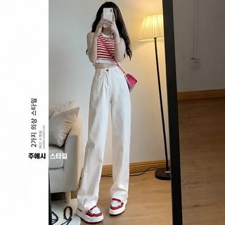 미백 하이웨스트 와이드 팬츠 여자 작은 키 가을 헐렁헐렁 스트레이트 통 흰색 수직 느낌 바닥 끌기 바지 가을 겨울